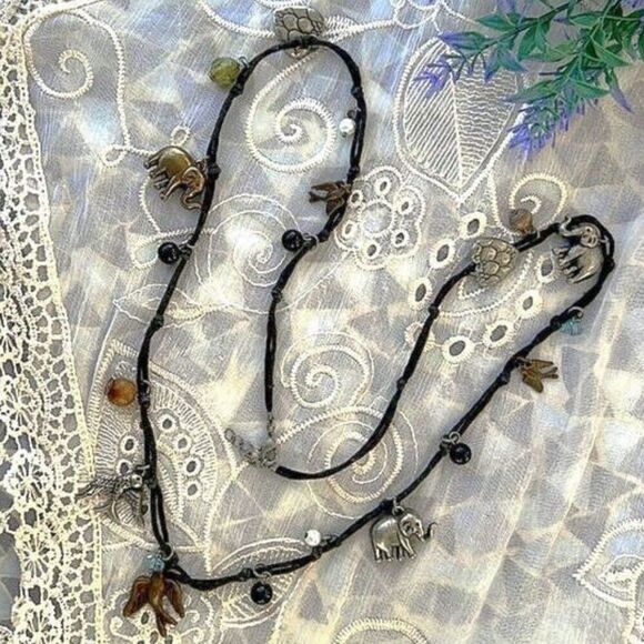 Charming Handmade Elephants & Birds Cord Necklace 30” - Picture 11 of 11